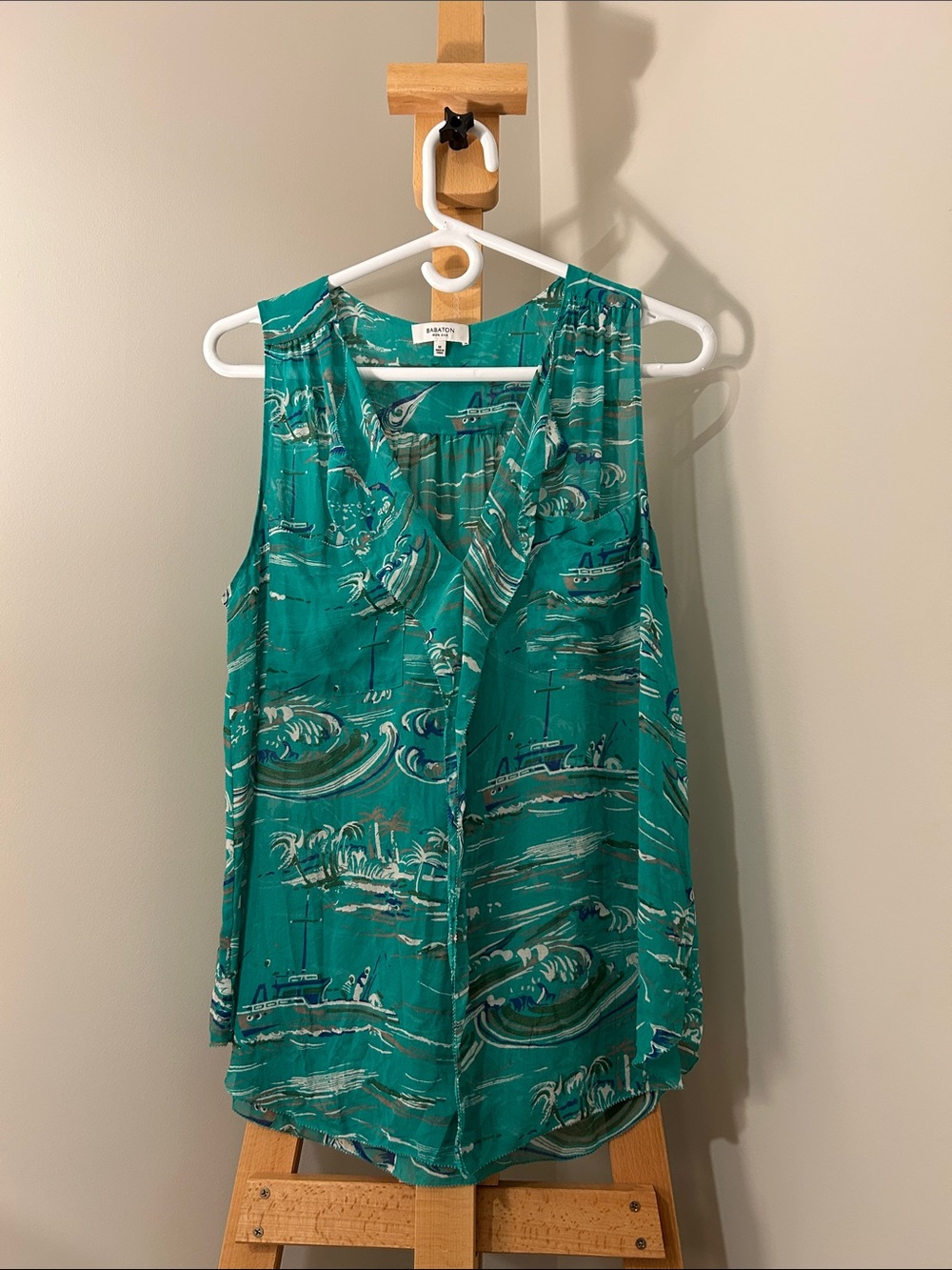 Wilfred Silk Nautical-Print Sleeveless Blouse in Teal Size M